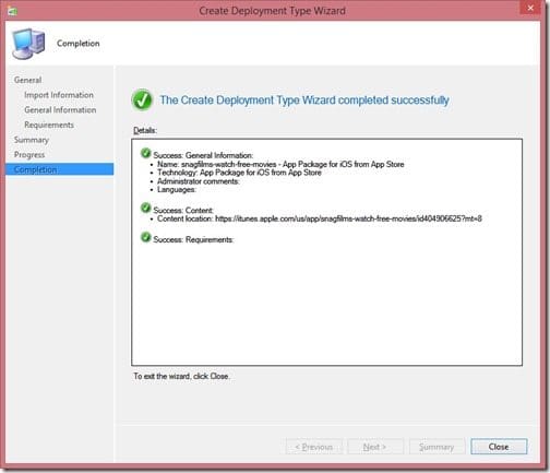 How to Add a Second Deployment Type (iPhone) to an Existing Application-Step 12 Step 12 - Completion