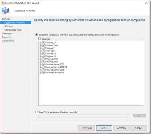 Create Configuration Item Wizard - Supported Platforms Supported Platforms