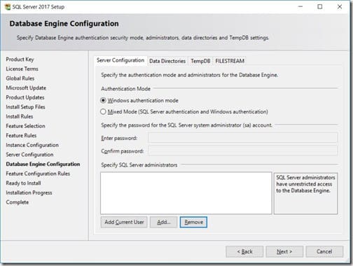 SQL Server 2017 - Database Engine Configuration Node