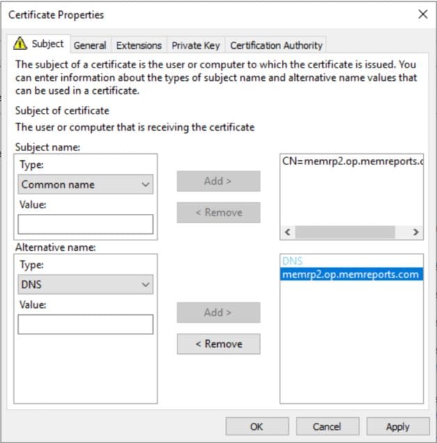Cert properties after adding common and DNS names
