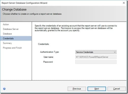 Power BI Report Server 2019 - Change Database - Credentials Change Database - Credentials