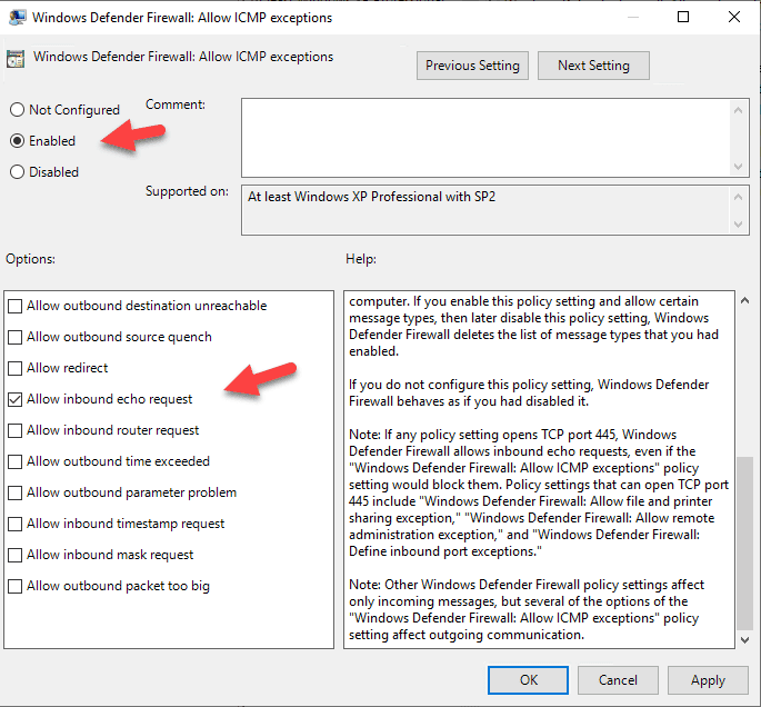 Enabling and allowing inbound echo requests