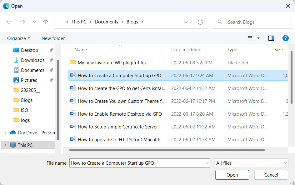 Select a file with mamoth