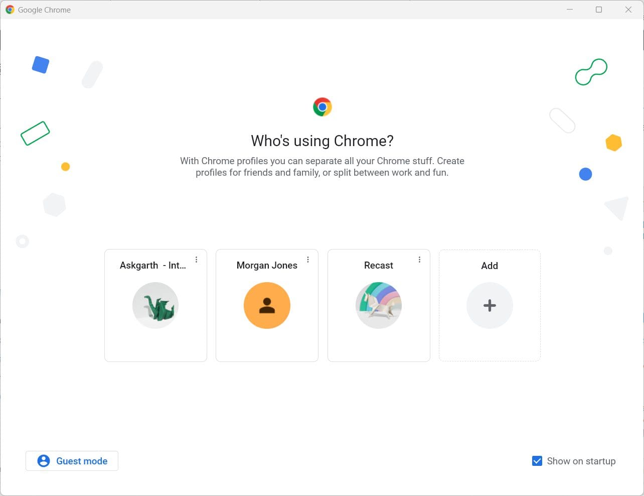 Selecting which profile to launch Chrome. 