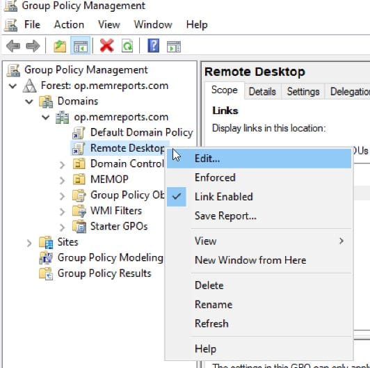 Editing an existing GPO for Remote Desktop