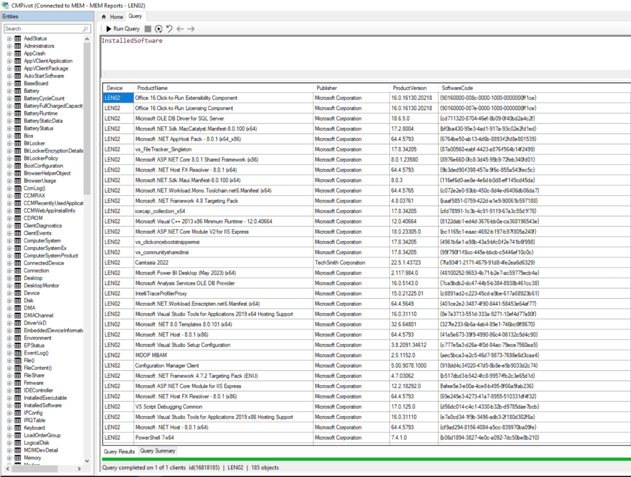 CMPivot result for a device, 