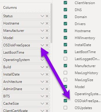 Dragging the OSDiskFreeSpace to the Columns section. 
